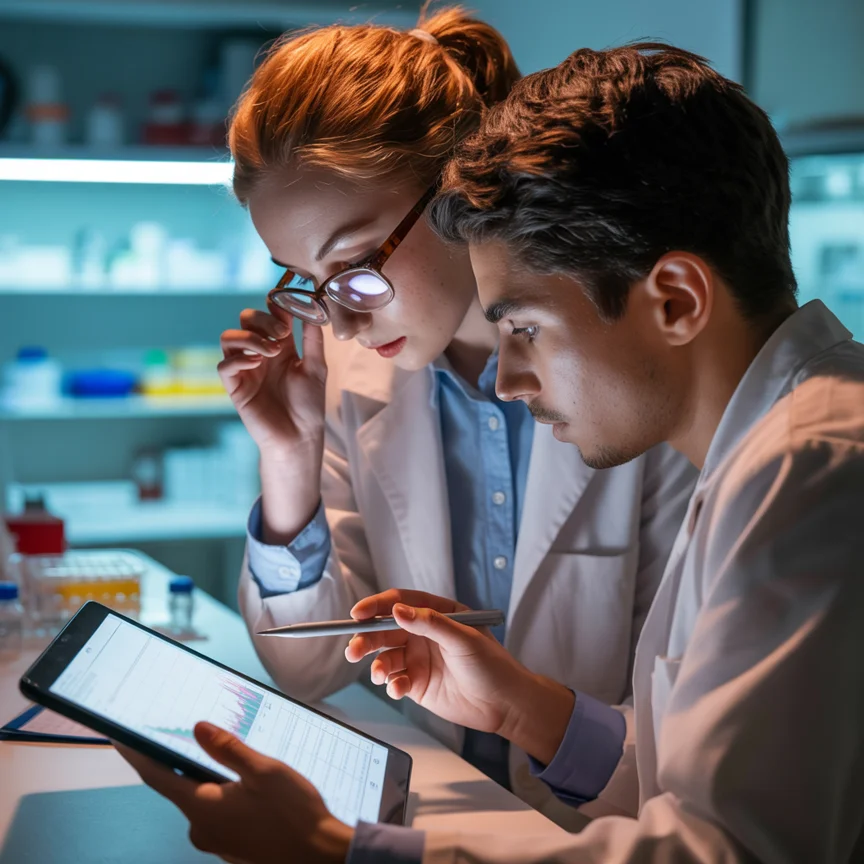 Researchers reviewing data on a tablet